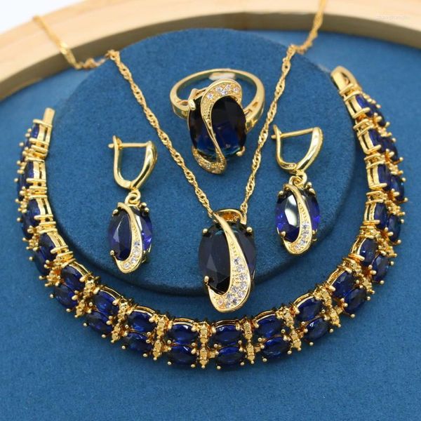 Brincos de decote Conjunto Classic Blue Semiprecious Gold Color Wedding With For Women Bracelet Ring Party Birthday Gift