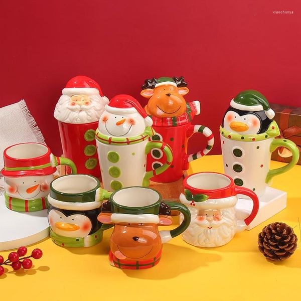 Tazze 3d Creative Christmas Avatar Cartoon Cup Cute Acqua in ceramica con coperchio Latte Caffè Famiglia