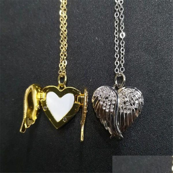 Colares de pendentes sublimação em branco Angel Wings Locket Po colares pingentes com entrega de gotas de zircão 2022 jóias dhejx