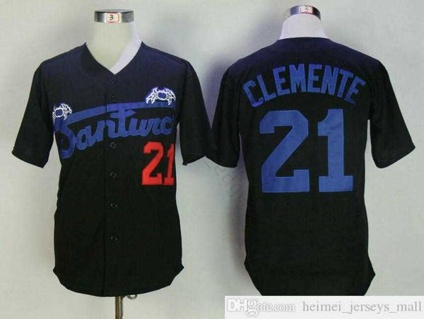 Maglia nera Roberto Clemente # 21 Santurce Crabbers Puerto Rico in maglia da baseball Camicia abbottonata cucita da baseball Spedizione veloce