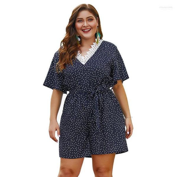 Kadın tulumları yaz artı beden polka nokta romper playsuit kadınlar rahat gevşek kısa tulum büyük büyük plaj sırtsız 4xl kadın