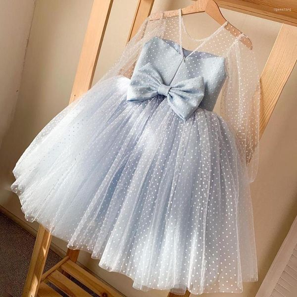 Mädchenkleider Tüll Puffy Flower Blue Illusion Party Kinderhochzeitskleid mit großer Schleife für Hochzeiten