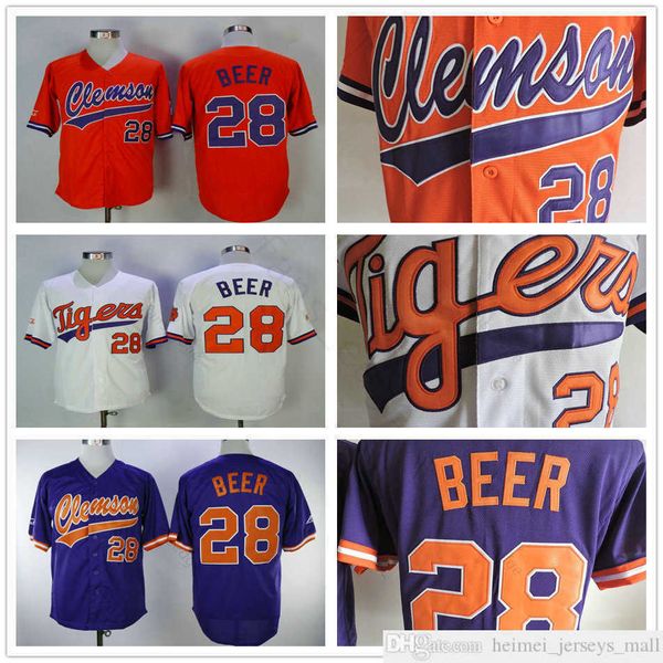 NCAA Koleji Clemson Tigers Beyzbol Forması 28 Seth Beer Jersey Beyaz Turuncu Mor Ev Uzak Erkek Boyutu S-XXXL