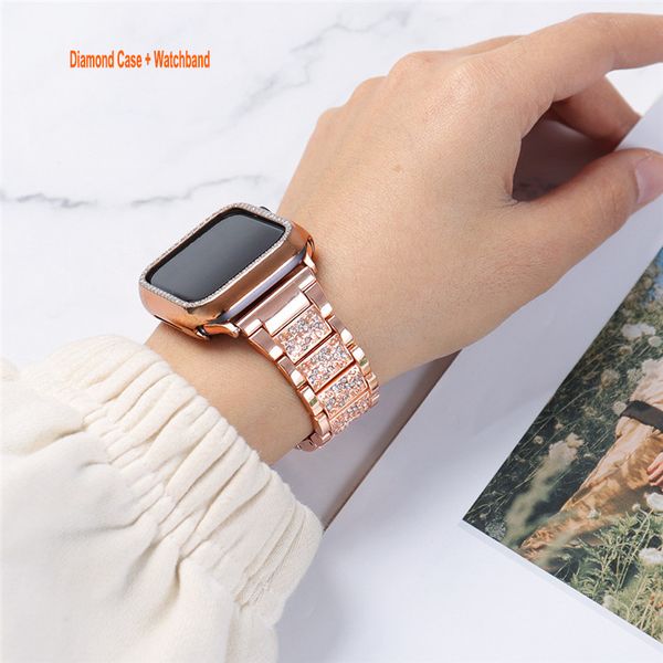 Корпуса Bling Band, совместимые с Apple Watch Series 7 6 5 4 3 2 1 для женщин Girls блестящий ремень с бриллиантовым бампером.