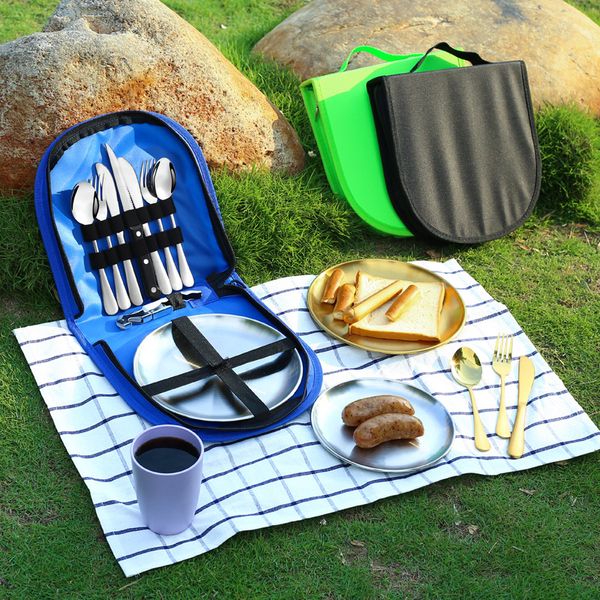 Camping-Besteck-Set mit Koffer, Edelstahl, Picknick-Besteck, Steakmesser, Besteck-Set, Gabel, Löffel, Teller-Sets