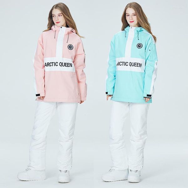 Tute da sci Donna Moda Colori abbinati Tuta da neve Capispalla Antivento Impermeabile Abbigliamento invernale caldo Pantaloni con bretelle staccabili da sci