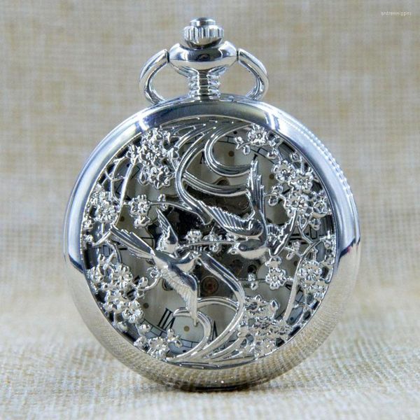 Relógios de bolso M065 Manual Wind Mechanical Watch With Box Silver Birds Glamshell Skeleton Gears Homens Mulheres grandes Dial Branco Presente