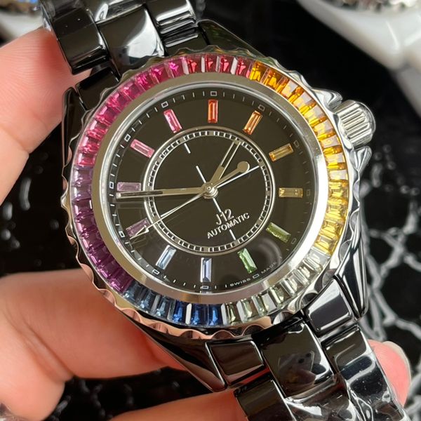 ELECTRO DREAM Uhr Designer Regenbogen Diamant Kristall Keramik Mechanische Automatikuhren Mann 38MM für Frau Dame Schreibuhr Damen Premium Geschenk 09A