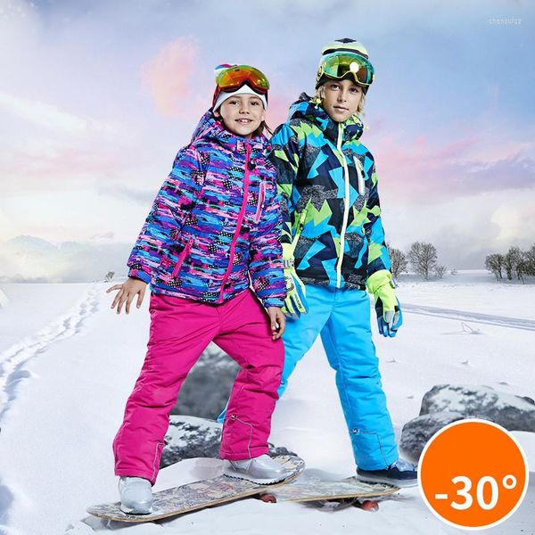 Skianzüge -30 Winter wasserdichte Kinder-Snowboard-Sets Junge Mädchen Warme Jacke Hose Kapuze Fleece-Innenanzug Kleidung Teenager