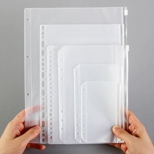 Sacchetti di imballaggio di A4 A5 A6 A7 Tasche per raccoglitore perforate trasparenti per quaderni 6 fori Cerniera Sacchetti per fogli sfusi Inserti per notebook in PVC Organizza cartelle di archiviazione