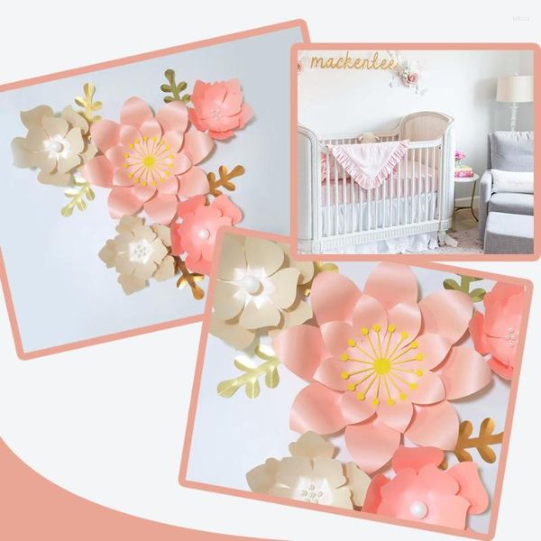 Dekorative Blumen, handgefertigt, rosa Rose, DIY-Papier, goldene Blätter, Set für Kinderzimmer, Wanddeko, Jungenzimmer, Babyparty, Hintergrund, Video-Tutorials