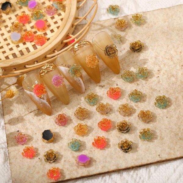 Decorações de arte na unha 100pcs Camellia Rose Resin Charms 6/8mm Glitter Aurora Flower Jewelry for Nails Rhinestone Manicure 2