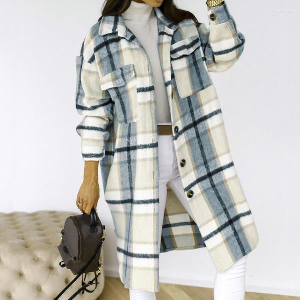 Damen Wolle Damenmischungen Winter Karierte Jacken Mäntel Frauen Umlegekragen Faux Plaid Langer Mantel Trenchjacke Übergroß Warm