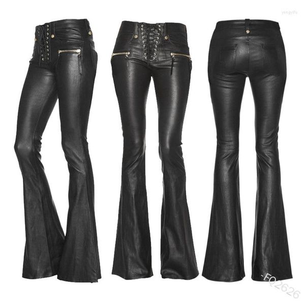 Calça feminina feminina punk pu de couro feminino vintage hip hop zipper streetwear bandagem ruched skinny slim fit slim bisher size plus size