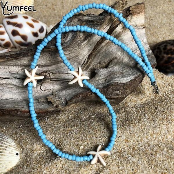 Cara Yumfeel Brand Blue Starfish Colar Handmade Small Glass Beads Stone Women Jewelry Colares