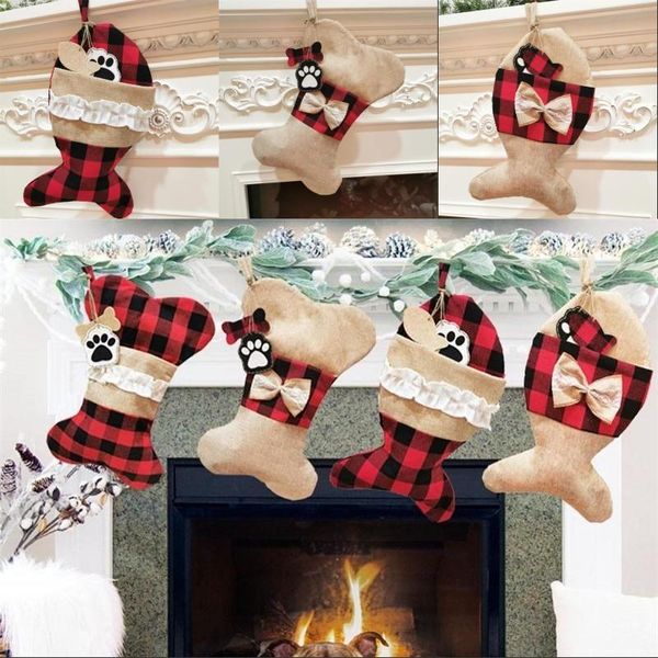 Рождественские украшения Pet Рождественские чулки Buffalo Plaid Puppy Dog Stocking Cotting и мешковая кость рождественские подарочные пакеты