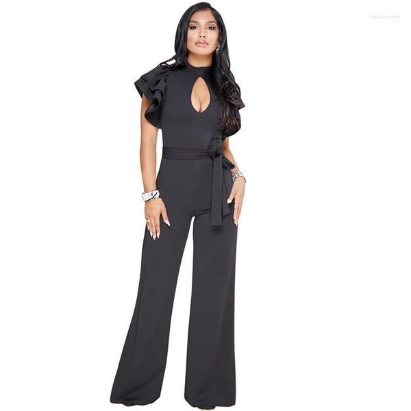 Tute da donna Sexy Scava fuori Elegante Estate Pagliaccetto nero Moda donna Petalo Maniche a telaio Casual Gamba larga Tuta Tuta femminile