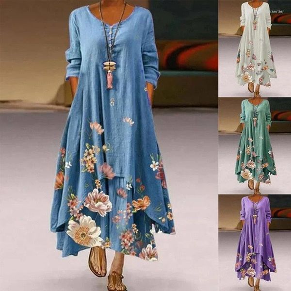 Lässige Kleider Elegante Frauen Maxi Kleid 2022 Frühling Sommer Blumendruck Langarm Unregelmäßiger Saum Plus Größe Vestidos