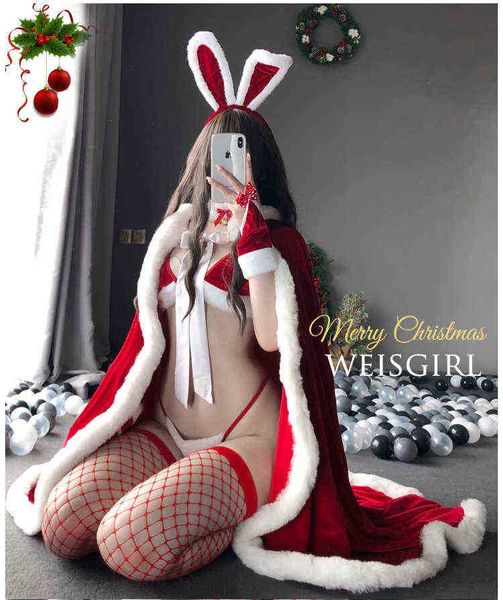 Stage Wear 2021 Women Women Babbo Natale Cosplay Come Christmas Bunny Girl Waidress Uniform Uniforme Sexy Bra G-String Lingerie Bra Sets T220901