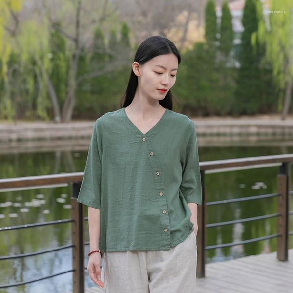 Ethnische Kleidung Shanghai Story V-Ausschnitt Retro-Bluse Hemden chinesische Tops für Frauen Baumwolle Leinen