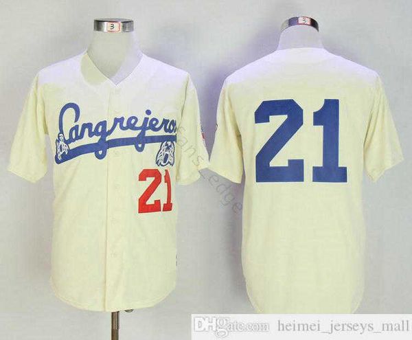 Creme Roberto Clemente Jersey #21 Santurce Crabbers Puerto Rico em Baseball Jersey Baseballs Button Down Shirt Remessa rápida