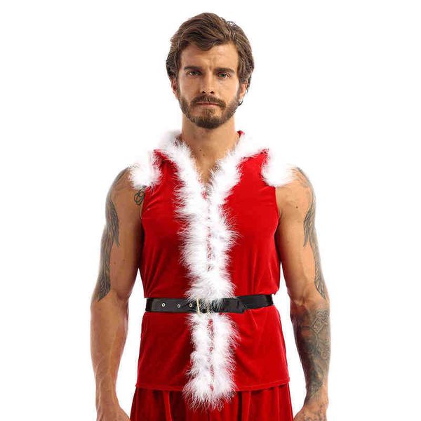 Bühnenkleidung Herren Weihnachtskleidung Samt Kapuzenmäntel Kunstpelz Weihnachtsfeier Sexy Muskeln Weste Weste Weihnachtsmann Cosplay Urlaub kommt T220901