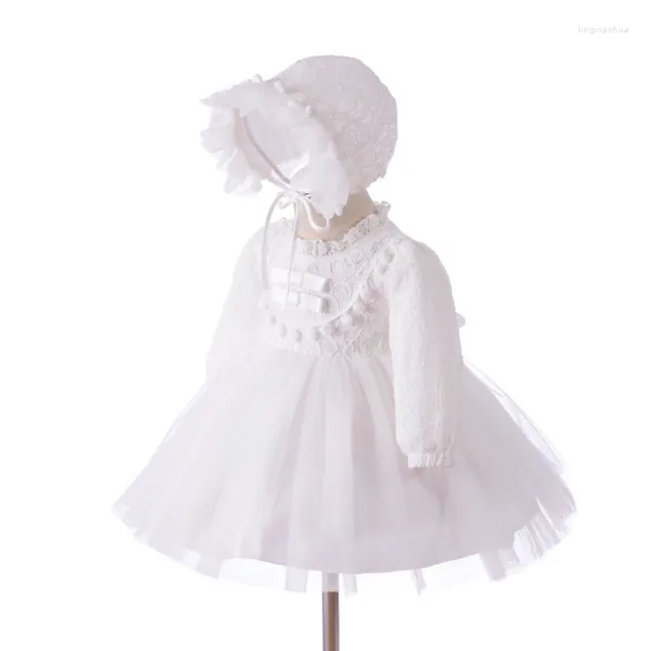 Kız Elbiseler 2022 Beyaz Elbise Vaftiz İçin Beyaz Elbise Uzun Kollu Bebek Dantel Vaftiz Balo Toddler Doğum Günü Yabancı Partisi Giyim Şapka