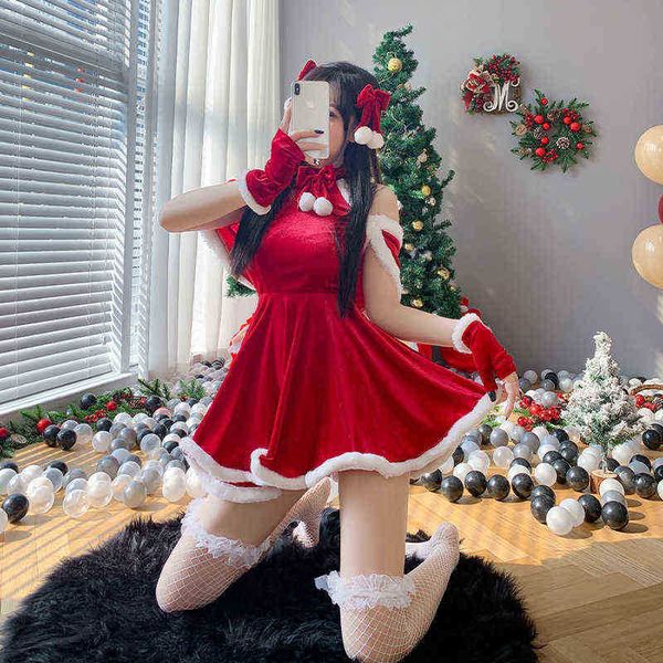 Stage Wear Donna Inverno Peluche Volant Mantello Rosso Abito Cameriera Natale Uniforme Natale Sexy Lady Babbo Natale Cosplay Come Princess Lingerie T220901