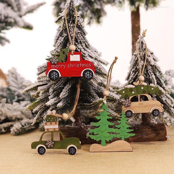 Decorações de Natal 2022 pendurar ornamentos de carros de madeira pingentes de alces férias de animais de desenho animado