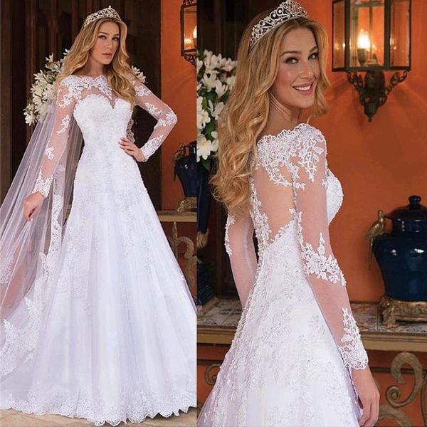 Eleganti maniche lunghe abiti da sposa abito da sposa applique in pizzo una linea sweep bateau sweep treno plus size vestido de nobu