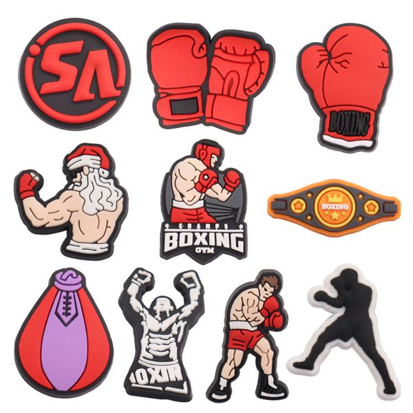 MOQ 20 Pz PVC Cartoon Sport Boxing Shoe Decorazione Charm Fibbia Accessori Clog Pins Bottoni Decorazioni per Fasce Bracciali