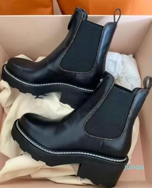 22 Elegante Wintermarke Beaubourg Stiefeletten Schwarzes Kalbsleder Comabt Boot Gummi Lug Sole Lady Booty Famous Martin Booties Party Hochzeit EU 35