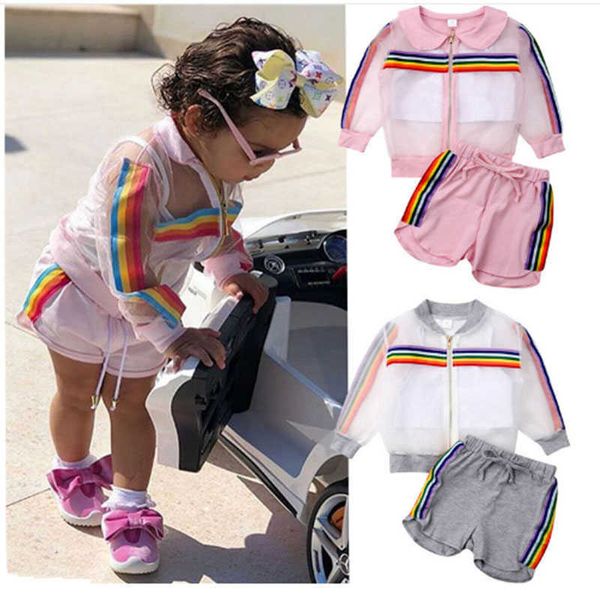 Шорты для пальто шорты детей Рейнбоя полоса 3pcs set Kids Designer Older Girls Outdoor Sport наряды летняя детская одежда