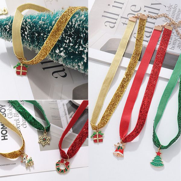 Mode Weihnachten Halsband Designer Halskette Anhänger für Frauen Emaille Legierung Glocke Schneeflocke Elch Anhänger Rot Gelb Grün Leder Kette Halsreifen Halsketten Frau Geschenk