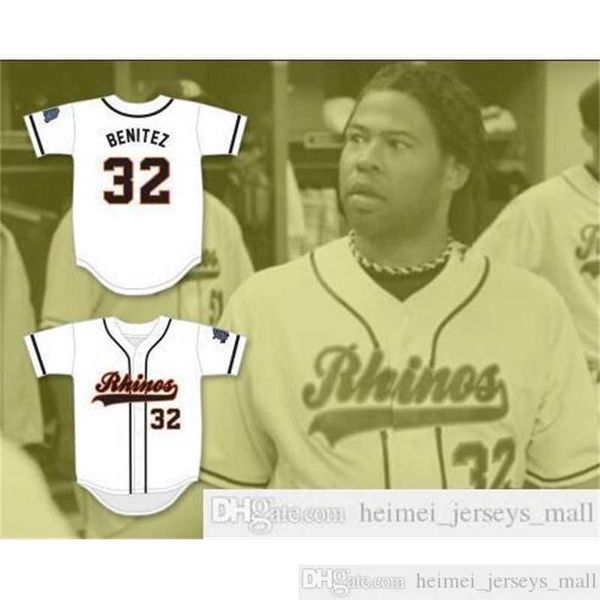 Günstige Herren Garcia 44 Rhinos Weißes Baseballtrikot mit Aufnäher Schwarz Grau Weiß Raffy Benitez 32 genähte Trikots