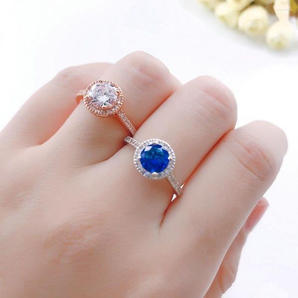 Alyans Klasik Gümüş Kaplama Kakma Yuvarlak Kesilmiş Mavi Kristal Ring Gül Altın Renk Zirkon Nişan Yıldönümü Takı Hediyeleri