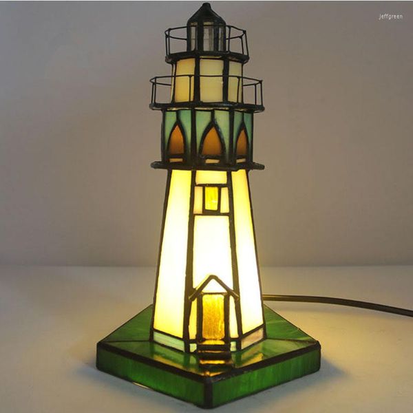 Lampade da tavolo Vintage Stained Glass Art Building Tower Light Soggiorno Cabinet Bar Camera da letto Comodino Night Gift Lampada da scrivania decorativa E14