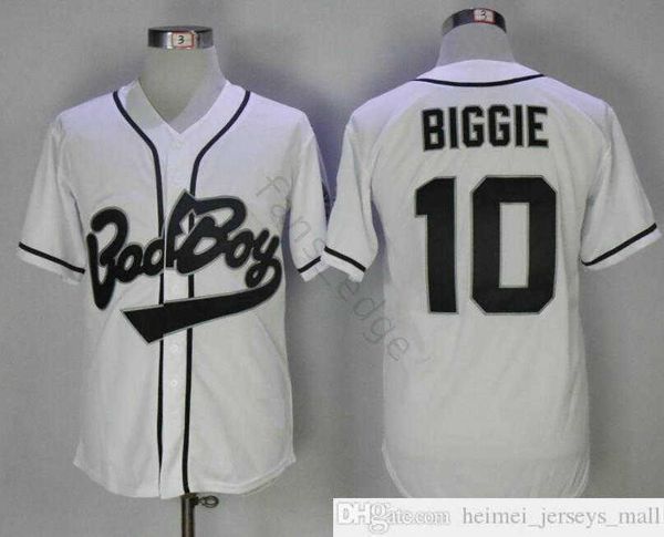 Miglior B.I.G. Biggie Smalls Jersey The Notorious Movie Bad Boy # 10 Biggie White Stitched Baseball Film Bottoni Maglie Camicie Taglia S-XXXL