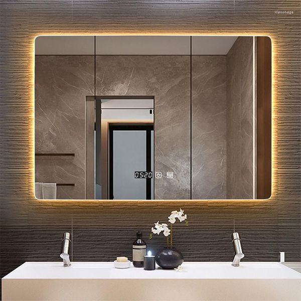 Espelhos espelhos inteligentes montados na parede retângulo no banheiro com tempo de luz LED de tempo/temperatura Vanidade do interruptor de toque anti-capa