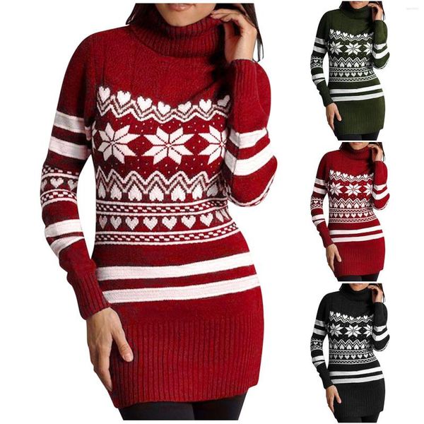 Suéteres femininos de Natal Elegante Vestido de Turtleneck Vestido de Camisinho de Snow Floco de neve Floco de manga comprida Mulheres de colete midi