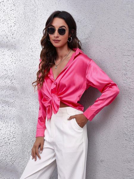 Camicette da donna Camicia di seta sexy in raso Donna Estate Colletto rovesciato Camicie a maniche lunghe sottili per donna 2022 Elegante rosa vintage Top Femme