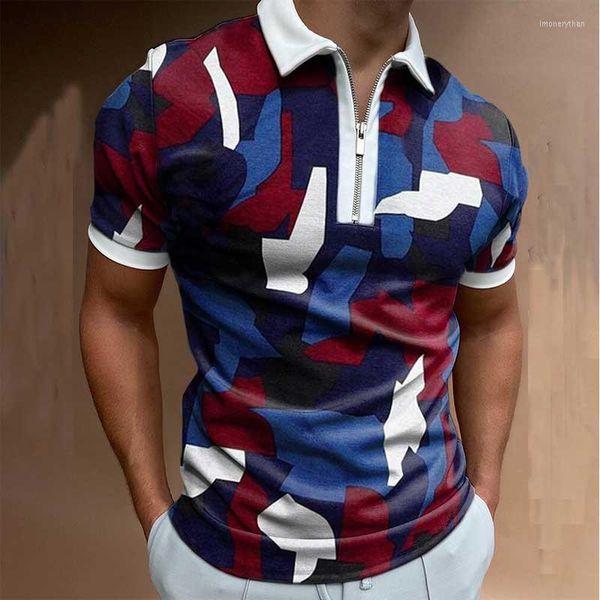 Polos masculinos Men camisa pólo manga curta camuflagem impressa com zíper machos camisetas de camisetas principais dos EUA