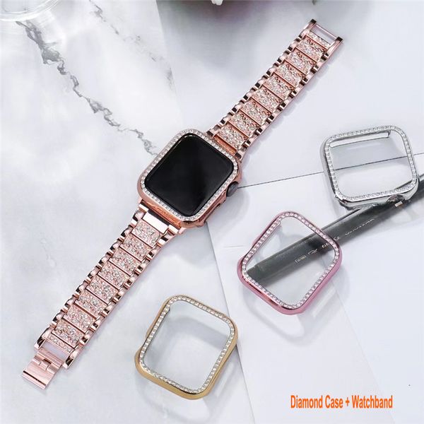 Strass-Schutzhüllen für iWatch-Serie 7, 6, 5, 4, 3, 2, 1, Damen und Mädchen, Schmuck, Ersatz-Armband aus Metall, 45 mm, glitzernde Diamant-PC-Schutzhülle