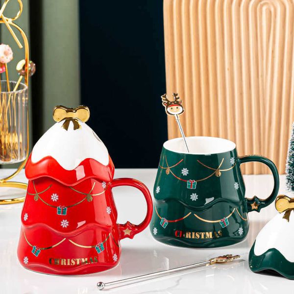 Tassen Weihnachtstasse Keramik Wasser mit Deckel Löffel Set 500 ml Hübsches Mädchen Cartoon s Baumform Gut aussehender Ins-Stil Y2210