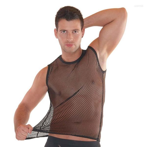 Tampo masculino tampo 2022 malha de pesca de moda sexy para homens vestes colete transparente fetiche masculino masculino preto mangas líquidas