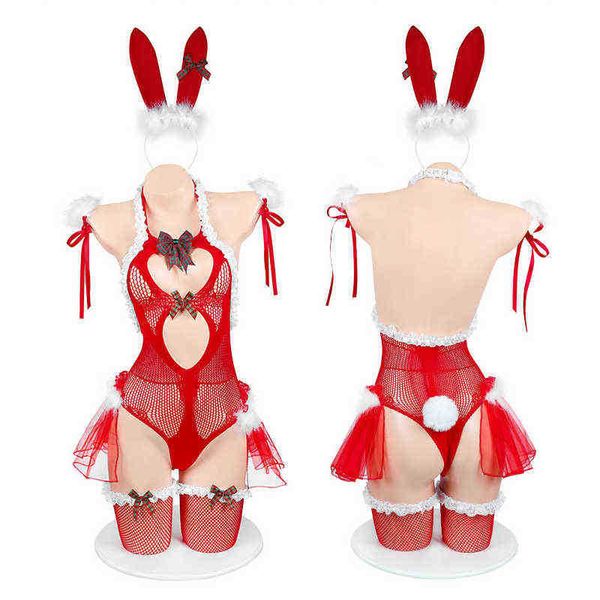 Bühnenkleidung Anime Bunny Girl Cosplay kommt Lolita Spitze Rüschen Hollow Out Bodysuit Sexy Red Christmas Fishnet Dessous Set Schlafkleid T220901