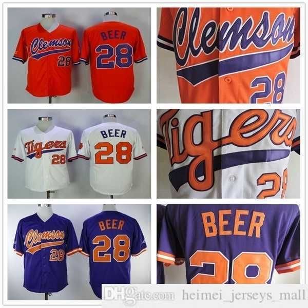 NCAA Clemson Tigers #28 Seth Beer College-Baseball-Trikots, günstiges Orange, Weiß, Lila, genähtes Seth Beer University-Trikot für Herren