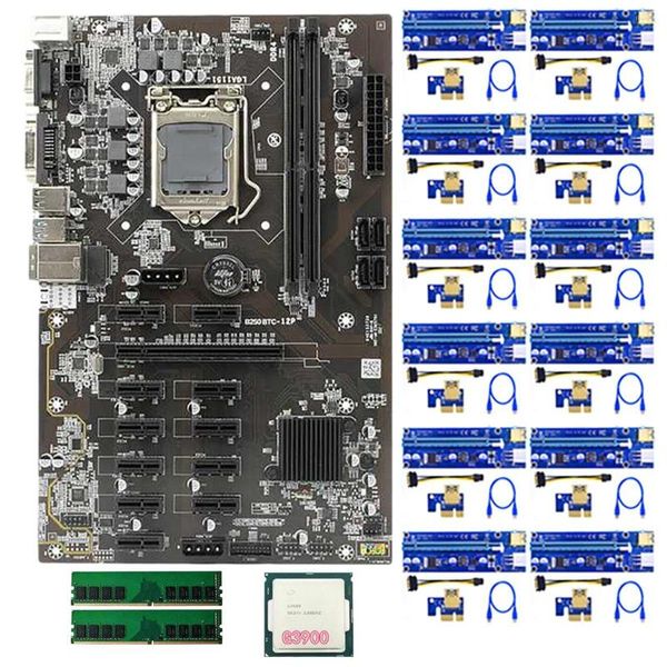 Motherboards B250 BTC Mining Motherboard Set mit 12X009S PCIE Riser Karte 1XG3900 CPU 2X4G DDR4 RAM 12 GPU LGA1151 DIMM SATA3.0