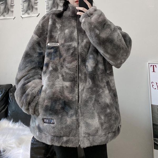 Cappotto invernale da donna in pelliccia sintetica giacca invernale da donna 2022 Tie Dye caldo spesso sciolto peluche Hip Hop Vintage Plus Size