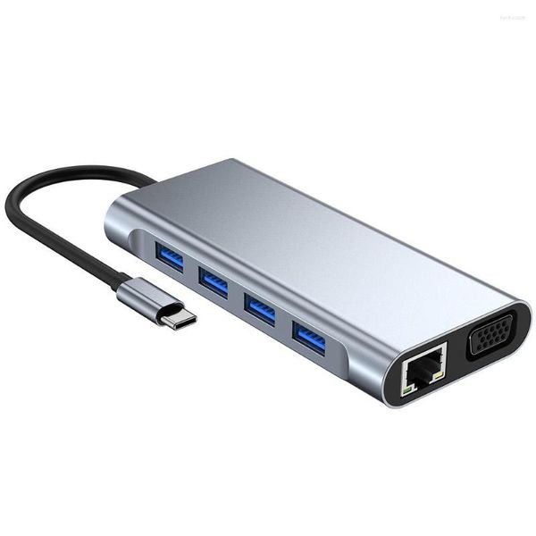 Tipo-C Hub 11-in-1 Guscio in lega di alluminio con porte USB 2.0 USB 3.0 HD VGA PD RJ45 Slot per schede SD TF Interfaccia audio da 3,5 mm